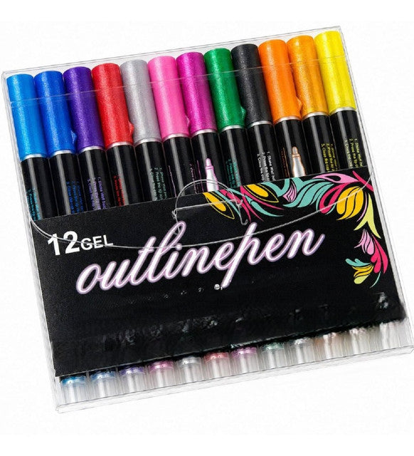 Plastic 12 pieces set Gel Outliner Pens Set (Multicolor)