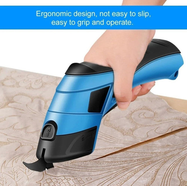Blue and black cordless electric fabric cutting scissors for crafting, tailoring, and DIY projects