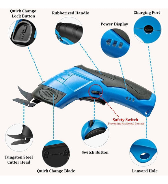 Blue and black cordless electric fabric cutting scissors for crafting, tailoring, and DIY projects