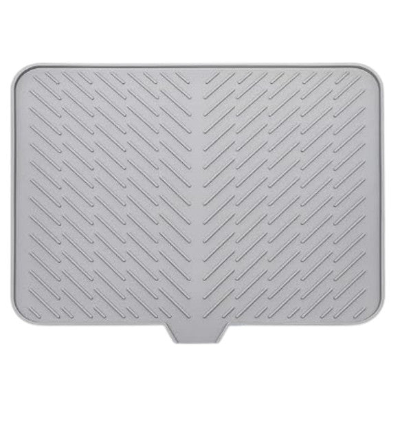 Grey silicone dish drying mat with built-in drain spout, non-slip, and heat resistant for kitchen use