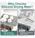 Grey silicone dish drying mat with built-in drain spout, non-slip, and heat resistant for kitchen use