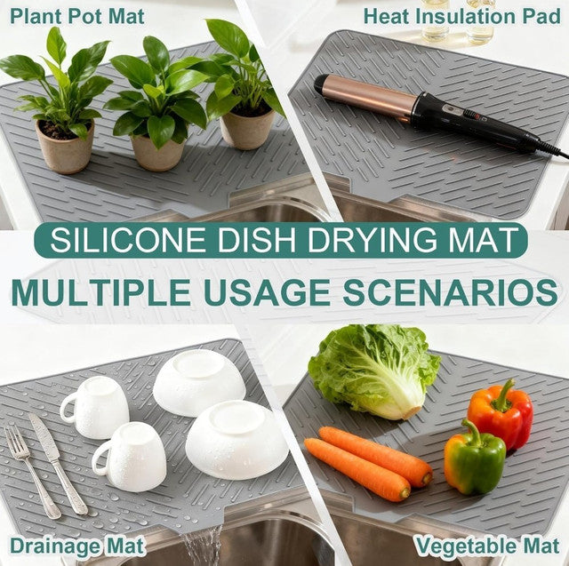 Grey silicone dish drying mat with built-in drain spout, non-slip, and heat resistant for kitchen use