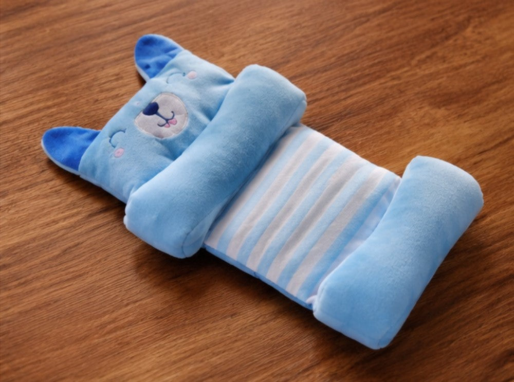 Blue cotton baby neck pillow providing soft support for newborns and infants during sleep and travel
