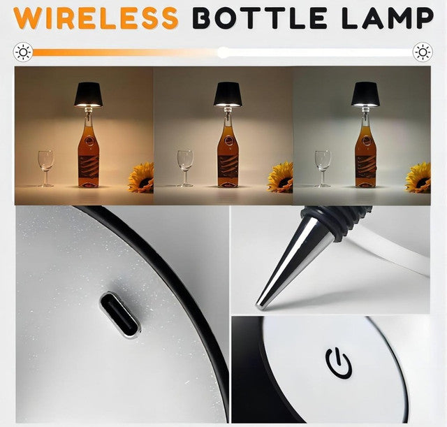 Black plastic wireless LED wine bottle lamp with touch control and adjustable brightness for home decor