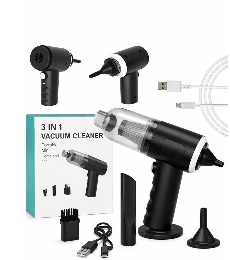 Black 3-in-1 portable vacuum cleaner with multiple nozzles for dust, pet hair, and debris removal