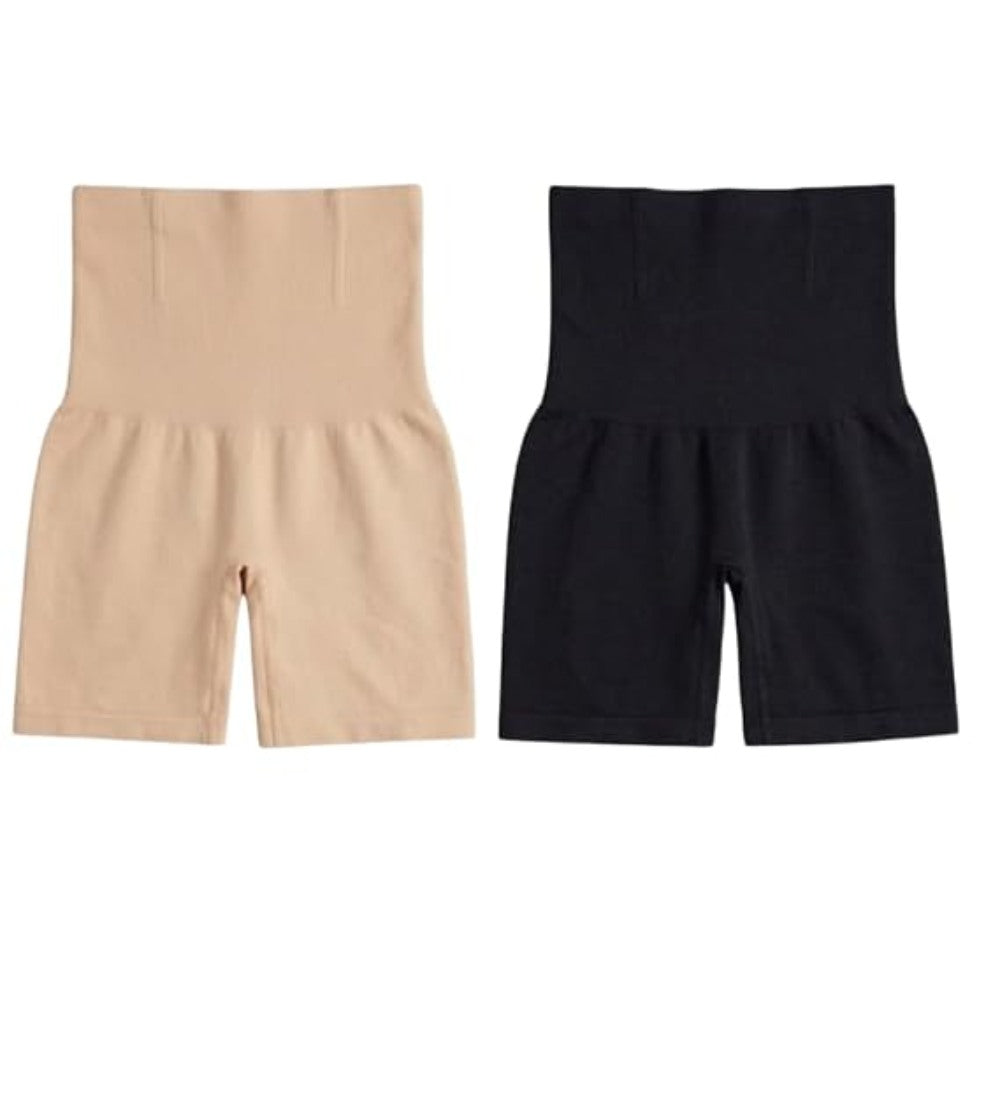 Beige and black nylon high-waist tummy control shapewear for women, providing seamless waist and abdomen support