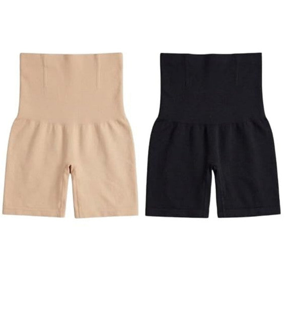 Beige and black nylon high-waist tummy control shapewear for women, providing seamless waist and abdomen support