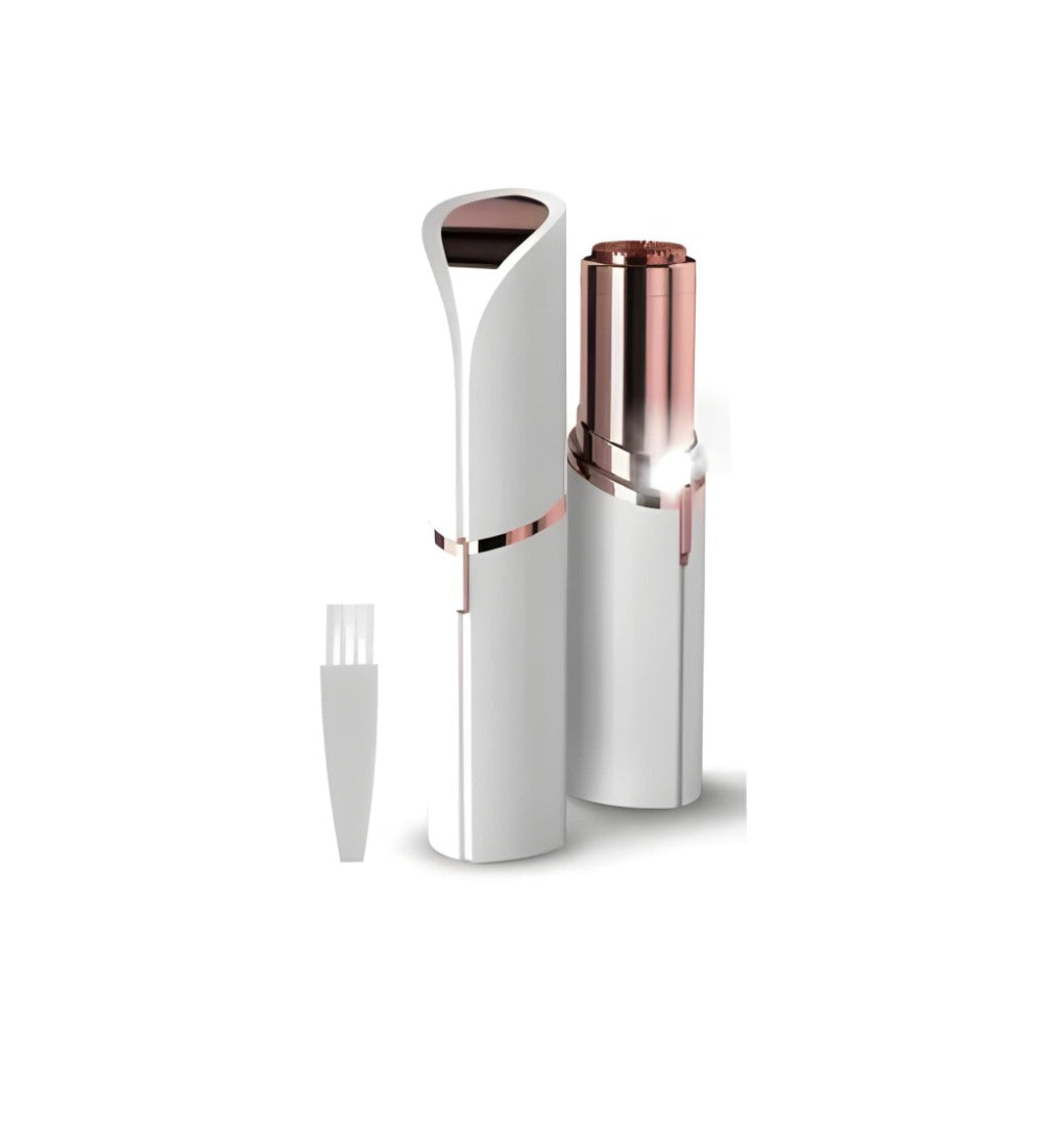 White plastic facial hair remover with LED light for painless trimming of upper lip, chin, and eyebrows