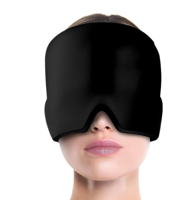 Black nylon migraine relief cap for hot and cold therapy, providing targeted compression for headaches and tension.