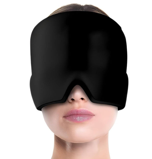 Black nylon migraine relief cap for hot and cold therapy, providing targeted compression for headaches and tension.