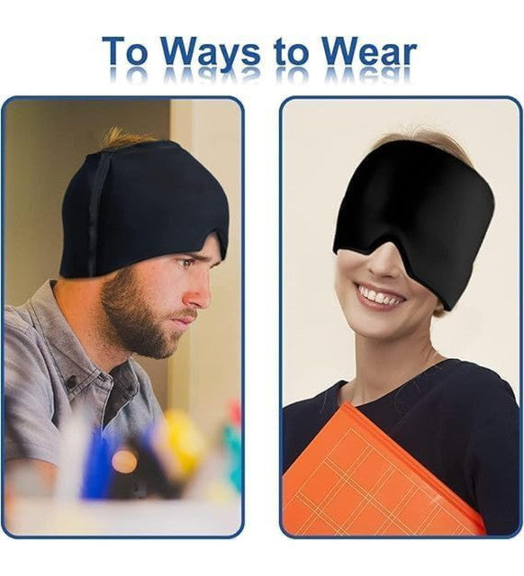 Black nylon migraine relief cap for hot and cold therapy, providing targeted compression for headaches and tension.
