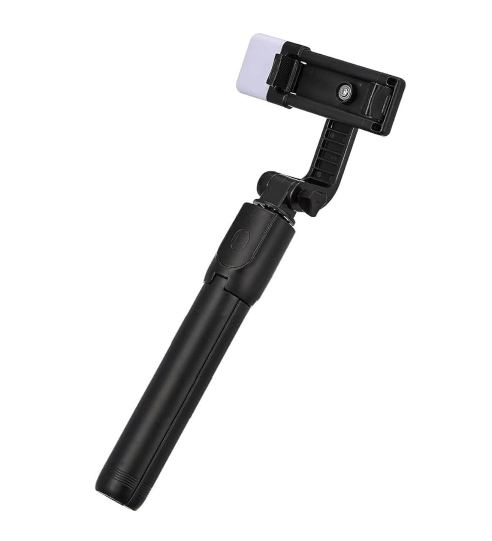 Black multi-functional selfie stick tripod with detachable Bluetooth remote and built-in LED light