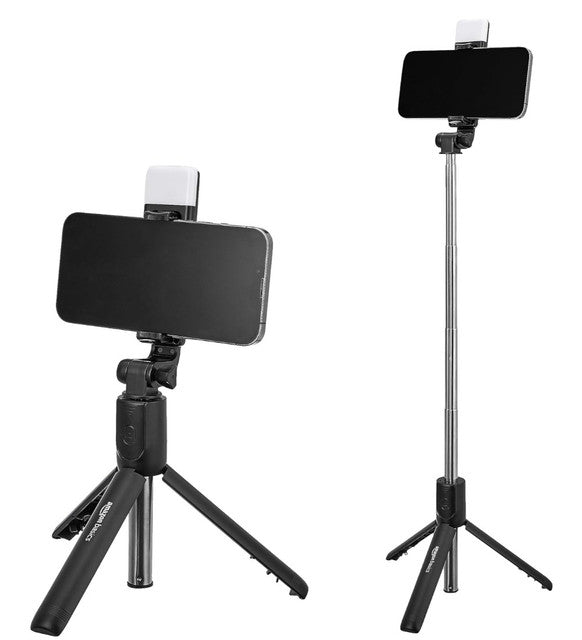 Black multi-functional selfie stick tripod with detachable Bluetooth remote and built-in LED light