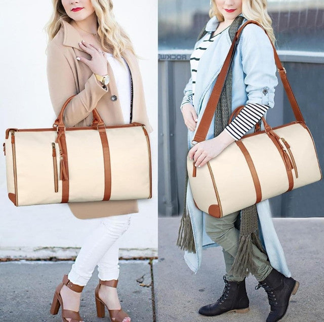 Beige faux leather and canvas 2-in-1 convertible travel duffel bag with shoulder strap and multiple pockets