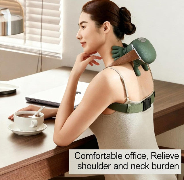 Green polyurethane neck and shoulder massager with dual rotating nodes and adjustable heat for hands-free use