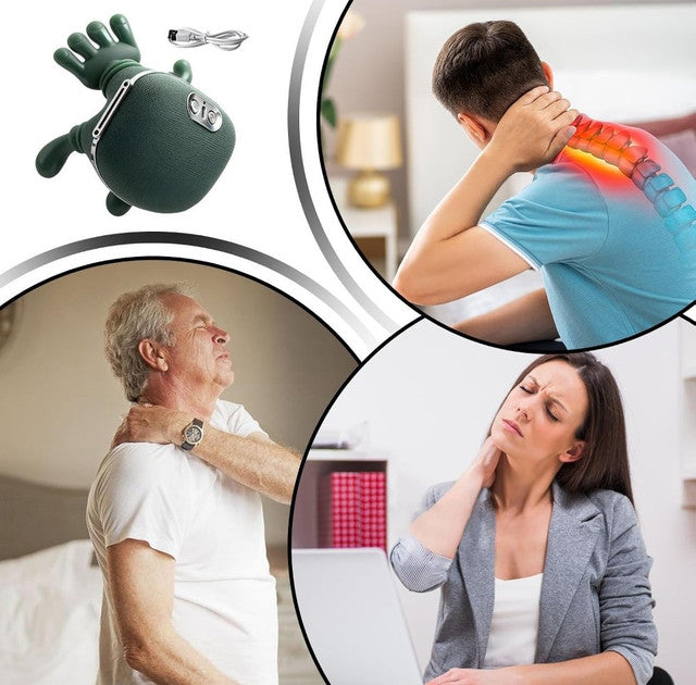 Green polyurethane neck and shoulder massager with dual rotating nodes and adjustable heat for hands-free use