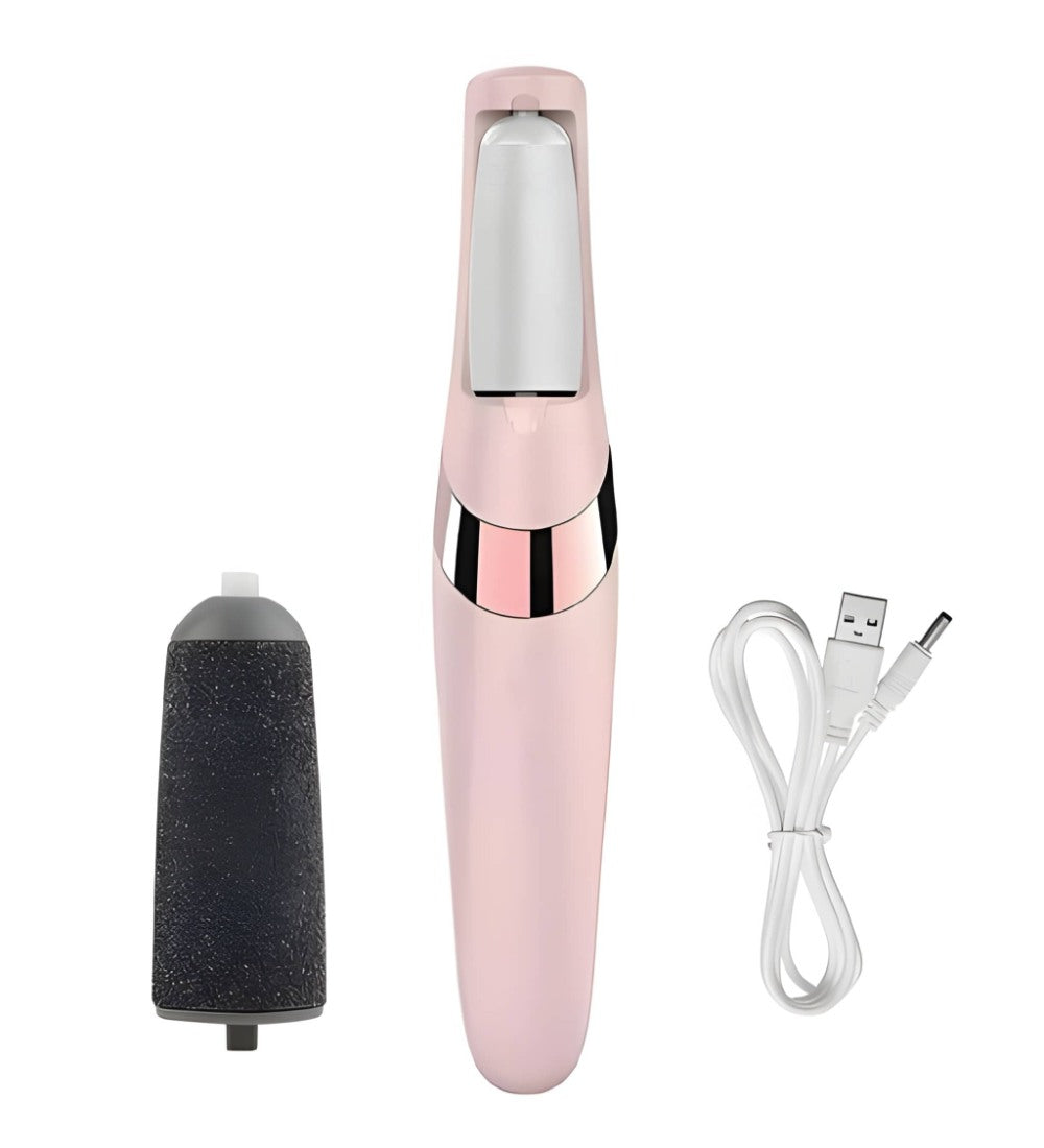 Pink plastic and rubber foot pedi roller with adjustable speeds and LED light for callus removal