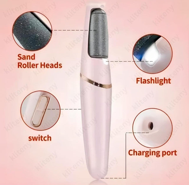 Pink plastic and rubber foot pedi roller with adjustable speeds and LED light for callus removal