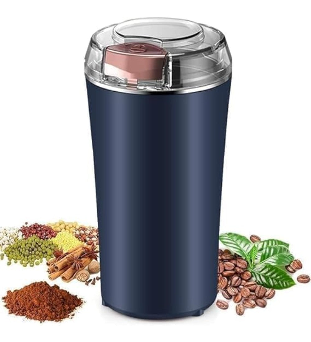 Navy blue electric coffee bean grinder with stainless steel accents for grinding spices and herbs