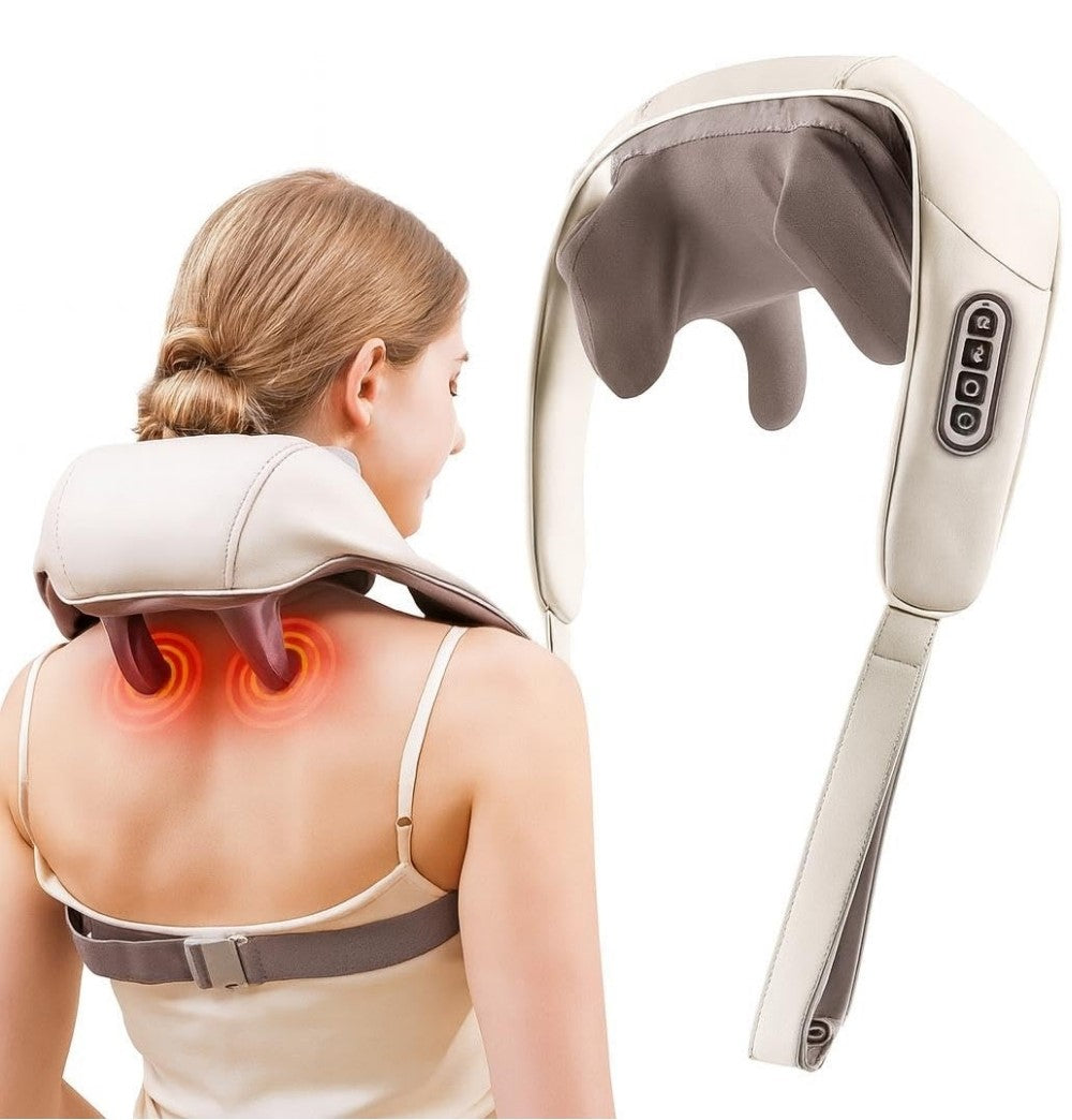 Grey faux leather rechargeable neck massager with heat therapy for soothing neck and shoulder muscles