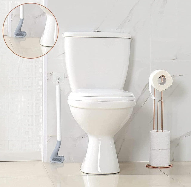 White plastic toilet brush with bendable silicone bristles and wall-mount storage hook for deep cleaning