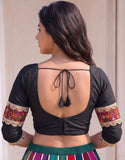 Women's Cotton Blend Embroidered 3/4 Sleeve V-Neck Padded Readymade Blouse (Black, Size 38 - Self-Alterable 36�40)