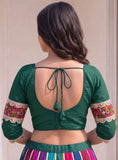 Women's Cotton Blend Embroidered 3/4 Sleeve V-Neck Padded Readymade Blouse (Green, Size 38 - Self-Alterable 36�40)