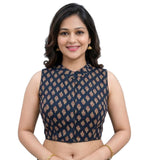 Women's Ajrakh Cotton Ajarkh Sleeveless Collar Neck Padded Readymade Blouse (Black, Size 38 - Self-Alterable 36�40)