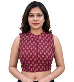Women's Ajrakh Cotton Ajarkh Sleeveless Collar Neck Padded Readymade Blouse (Maroon, Size 38 - Self-Alterable 36�40)