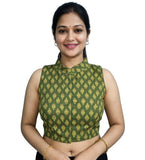 Women's Ajrakh Cotton Ajarkh Sleeveless Collar Neck Padded Readymade Blouse (Olive, Size 38 - Self-Alterable 36�40)