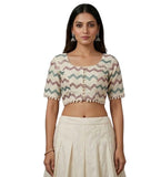 Women's Cotton Printed Half sleeve Round Neck Padded Readymade Blouse (Cream, Size 38 - Self-Alterable 36�40)