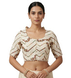 Women's Cotton Printed Half sleeve Round Neck Padded Readymade Blouse (Cream, Size 38 - Self-Alterable 36�40)