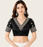 Women's Satin Embroidered Half sleeve V-Neck Padded Readymade Blouse (Black, Size 38 - Self-Alterable 36�40)