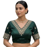 Women's Satin Embroidered Half sleeve V-Neck Padded Readymade Blouse (Dark Green, Size 38 - Self-Alterable 36�40)