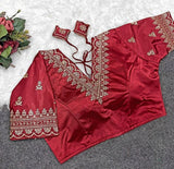 Women's Satin Embroidered Half sleeve V-Neck Padded Readymade Blouse (Maroon, Size 38 - Self-Alterable 36�40)