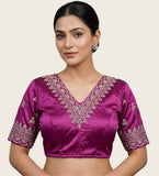 Women's Satin Embroidered Half sleeve V-Neck Padded Readymade Blouse (Purple, Size 38 - Self-Alterable 36�40)