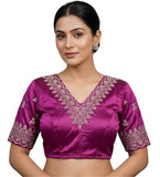 Women's Satin Embroidered Half sleeve V-Neck Padded Readymade Blouse (Purple, Size 38 - Self-Alterable 36�40)