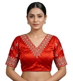 Women's Satin Embroidered Half sleeve V-Neck Padded Readymade Blouse (Red, Size 38 - Self-Alterable 36�40)