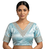 Women's Satin Embroidered Half sleeve V-Neck Padded Readymade Blouse (Sky Blue, Size 38 - Self-Alterable 36�40)