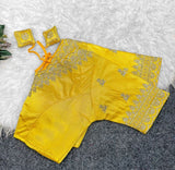 Women's Satin Embroidered Half sleeve V-Neck Padded Readymade Blouse (Yellow, Size 38 - Self-Alterable 36�40)