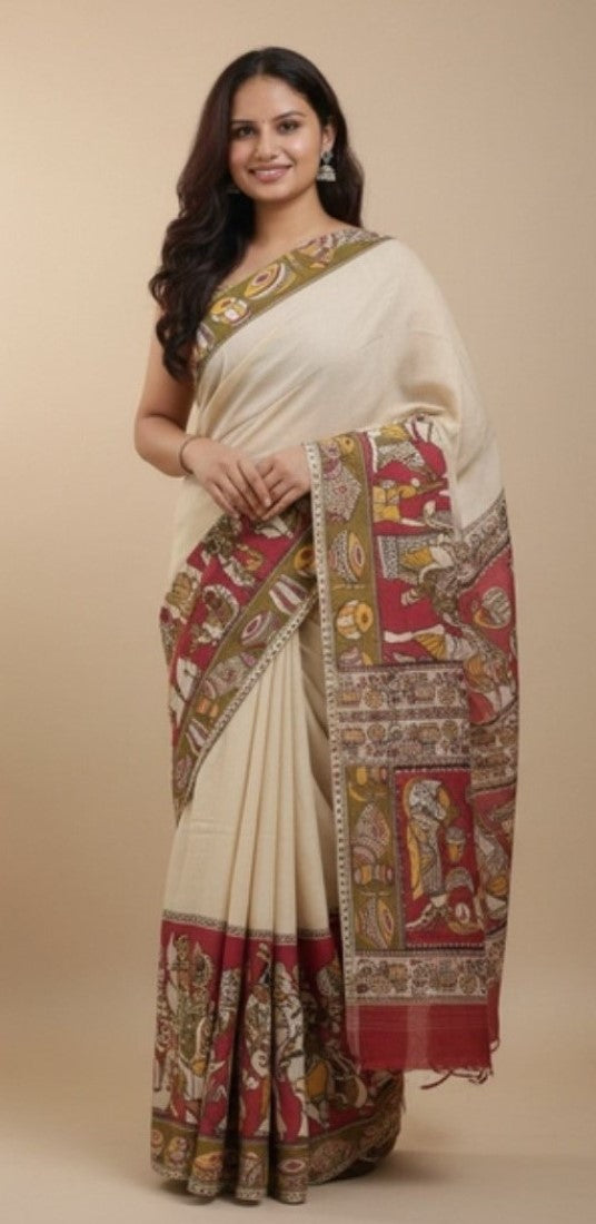 Beige linen Kalamkari printed saree with unstitched blouse piece, 5.5 meters length