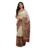 Beige linen Kalamkari printed saree with unstitched blouse piece, 5.5 meters length