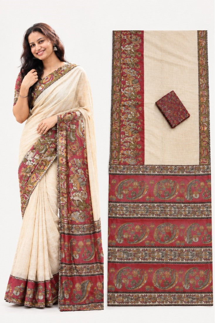 Beige linen Kalamkari printed saree with unstitched blouse piece, 5.5 meters length