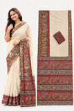 Beige linen Kalamkari printed saree with unstitched blouse piece, 5.5 meters length