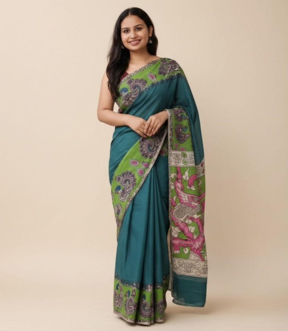 Teal linen Kalamkari printed saree with unstitched blouse piece, 5.5 meters length