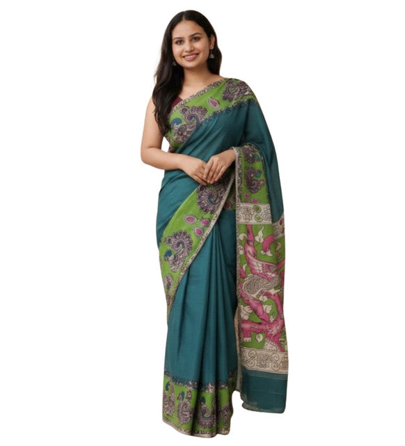 Teal linen Kalamkari printed saree with unstitched blouse piece, 5.5 meters length