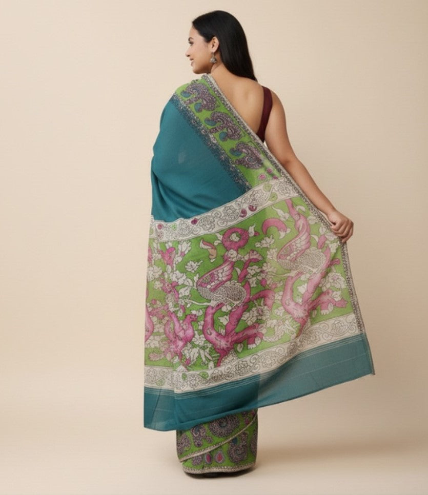 Teal linen Kalamkari printed saree with unstitched blouse piece, 5.5 meters length