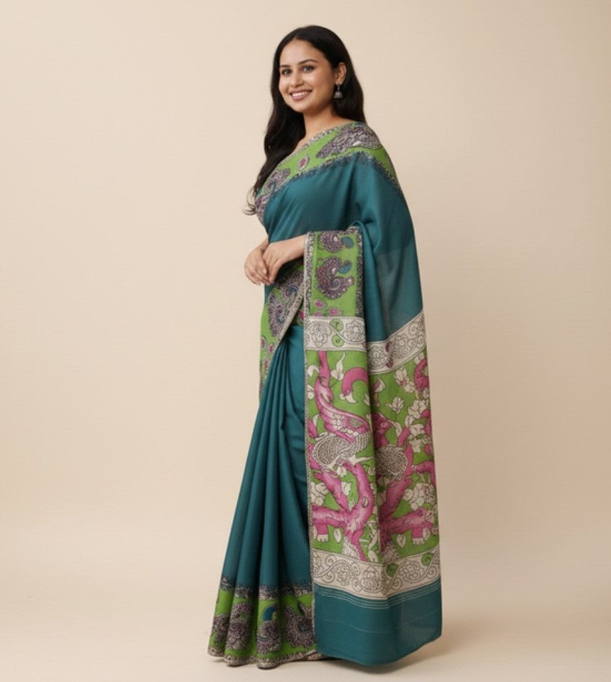 Teal linen Kalamkari printed saree with unstitched blouse piece, 5.5 meters length