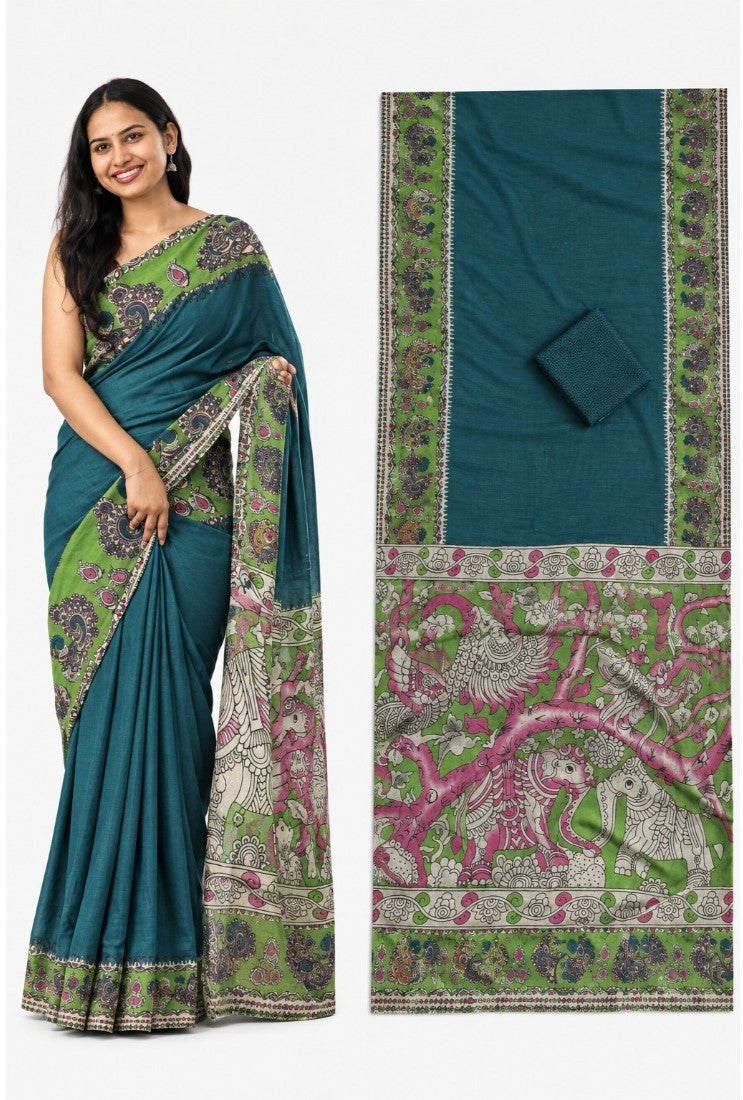Teal linen Kalamkari printed saree with unstitched blouse piece, 5.5 meters length