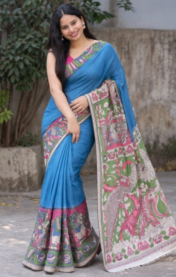 Blue linen Kalamkari printed saree with unstitched blouse piece, 5.5 meters length